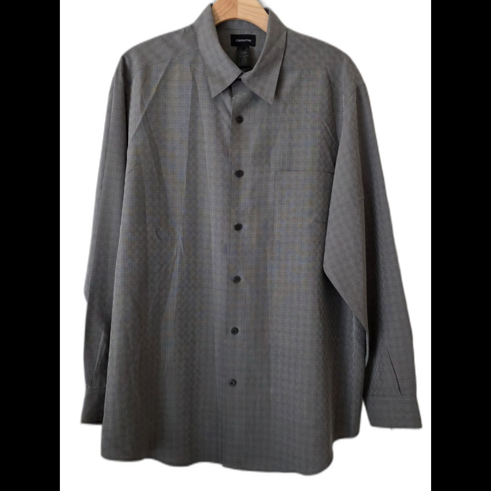 Claiborne Long Sleeves Button Up Dress Shirt Men XL Gray Check Woven Rayon Blend